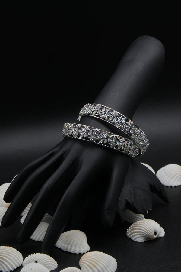 Elegant Silver Bangles with Floral Leaf Stone Design - Victorian Jaipur