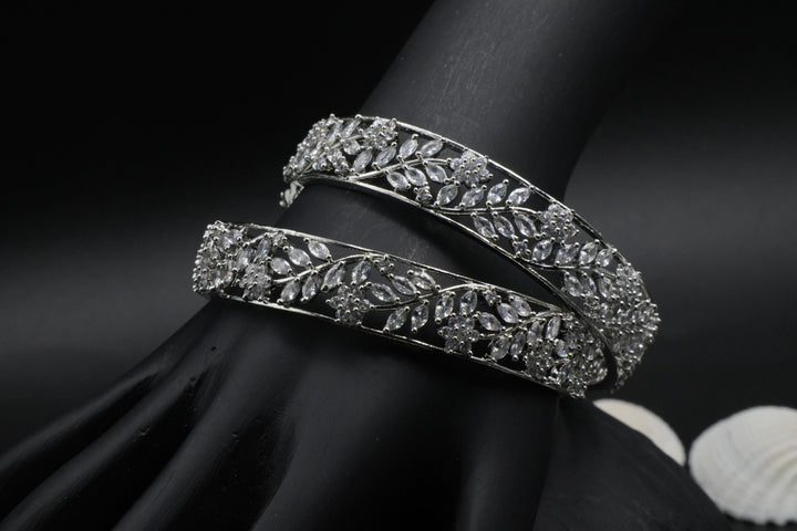 Elegant Silver Bangles with Floral Leaf Stone Design - Victorian Jaipur