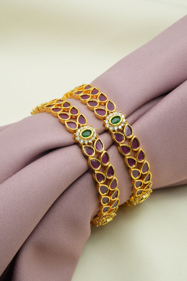 Royal Gold-Plated Bangles Adorned with Pink and Green Gems - Victorian Jaipur