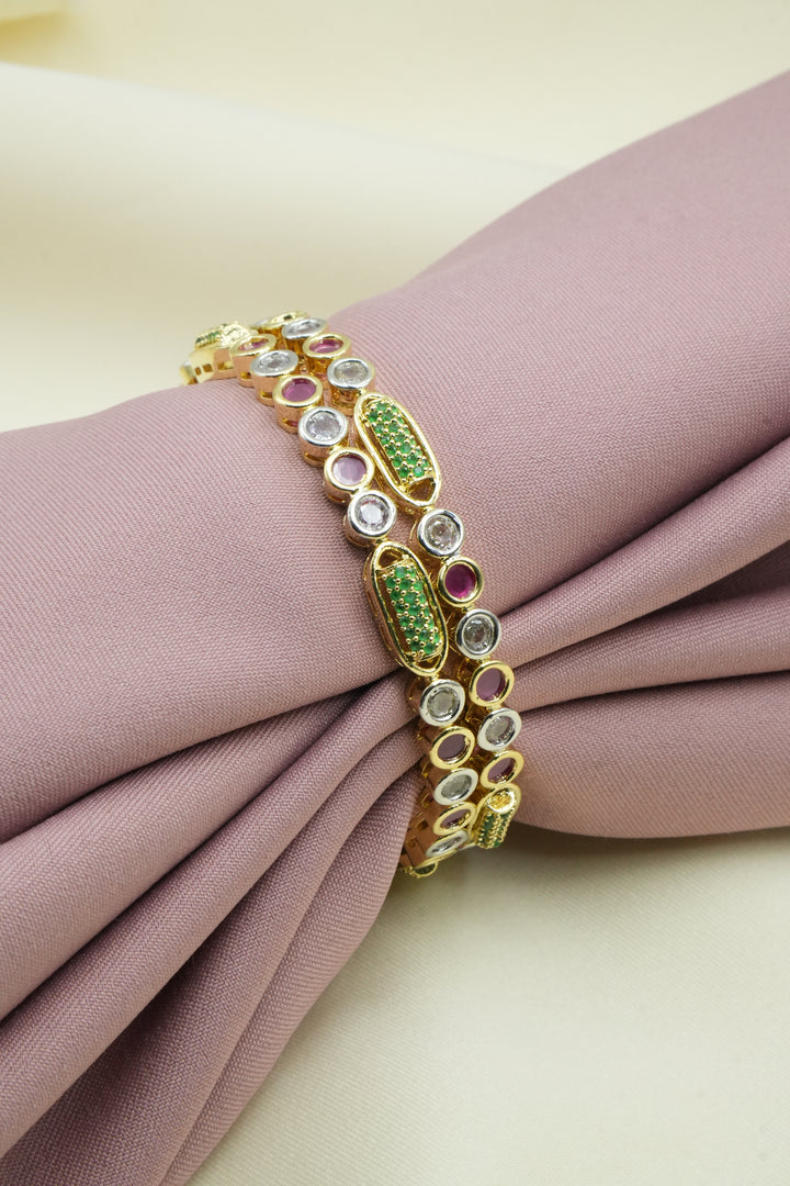 Elegant Gold-Plated Bracelet with Green, White & Ruby CZ Stones – Designer Jewelry - Victorian Jaipur