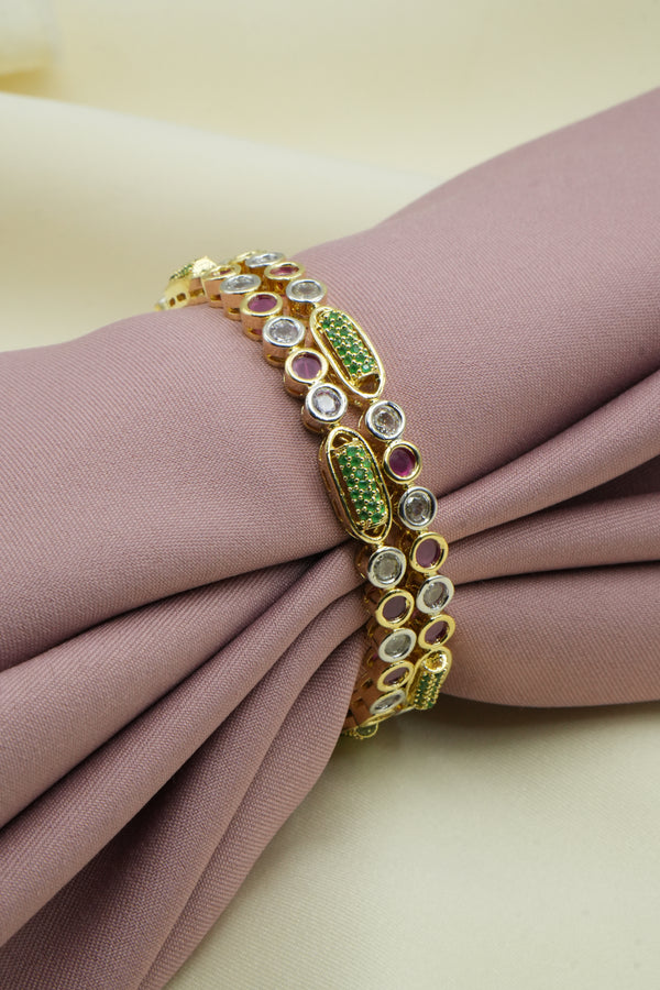 Elegant Gold-Plated Bracelet with Green, White & Ruby CZ Stones – Designer Jewelry - Victorian Jaipur