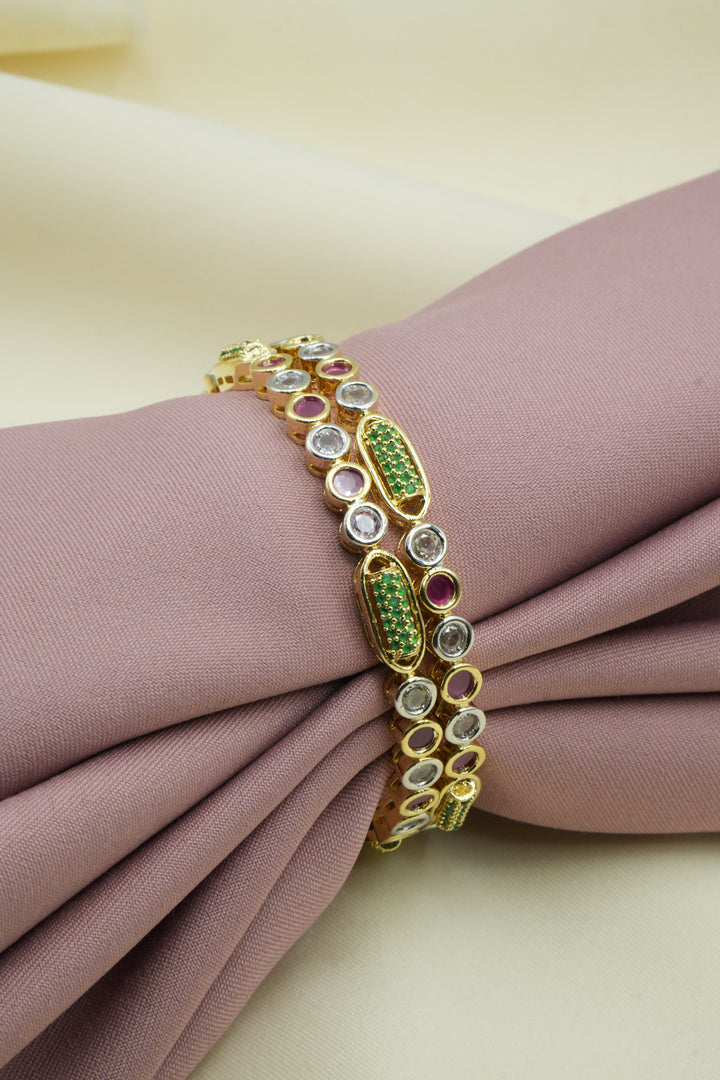 Elegant Gold-Plated Bracelet with Green, White & Ruby CZ Stones – Designer Jewelry - Victorian Jaipur