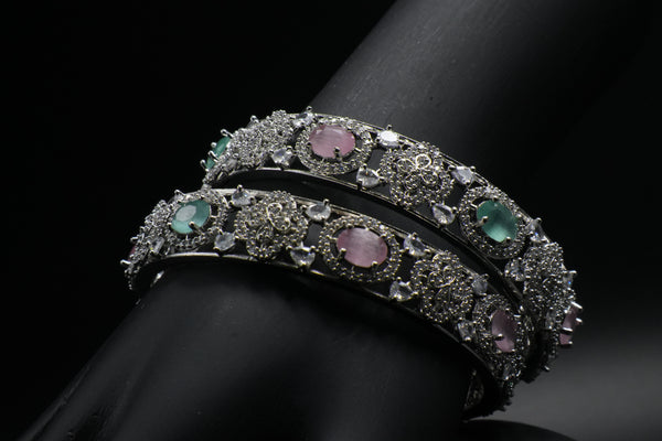 Luxury Silver Bangles with Vibrant Circular Gemstone Pattern - Victorian Jaipur