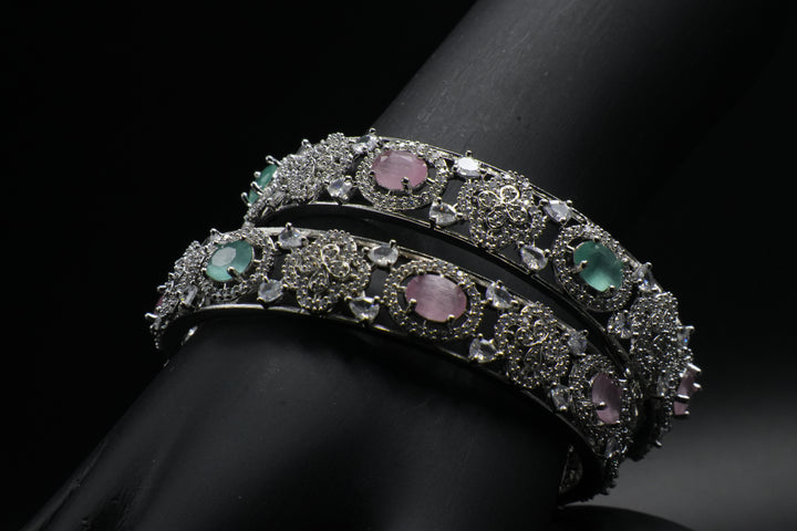 Luxury Silver Bangles with Vibrant Circular Gemstone Pattern - Victorian Jaipur