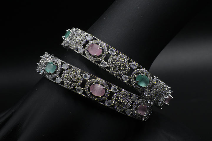 Luxury Silver Bangles with Vibrant Circular Gemstone Pattern - Victorian Jaipur