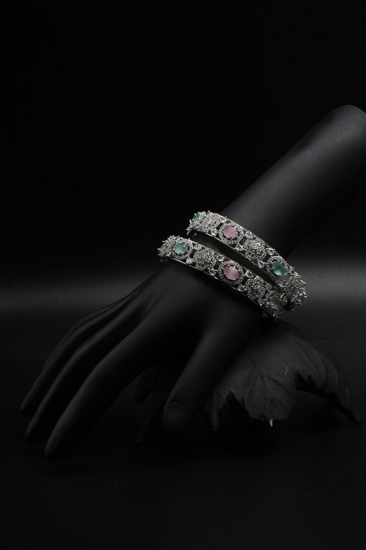 Luxury Silver Bangles with Vibrant Circular Gemstone Pattern - Victorian Jaipur
