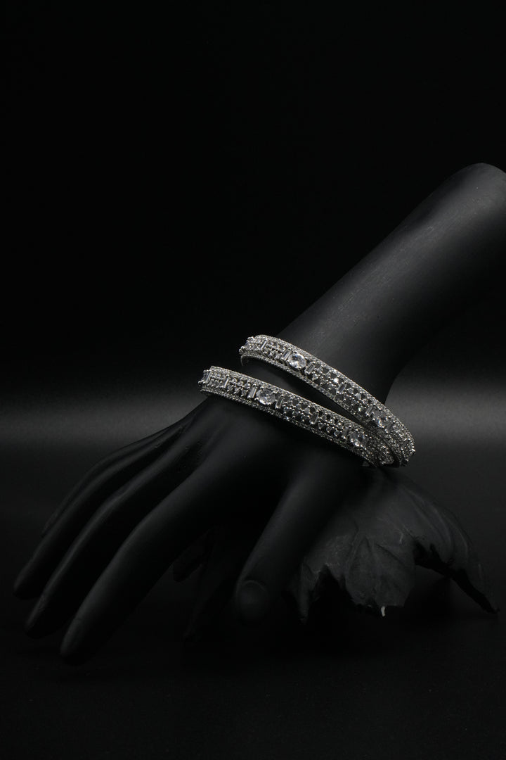 Elegant Silver-Plated Diamond-Cut Bangles with Sparkling Stone Detailing - Victorian Jaipur