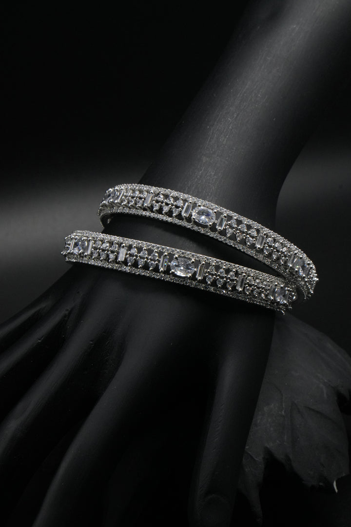 Elegant Silver-Plated Diamond-Cut Bangles with Sparkling Stone Detailing - Victorian Jaipur