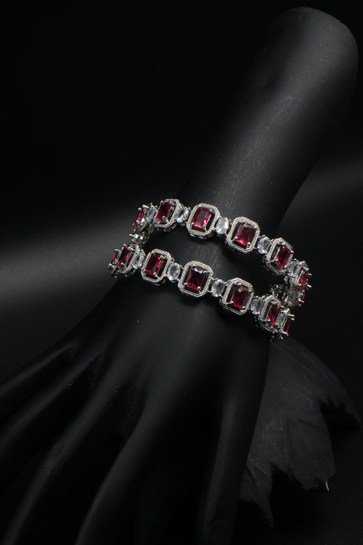 Royal Ruby Elegance – Silver Bangles with Red & White Stones - Victorian Jaipur