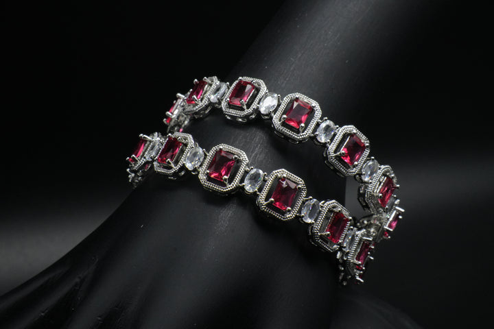 Royal Ruby Elegance – Silver Bangles with Red & White Stones - Victorian Jaipur
