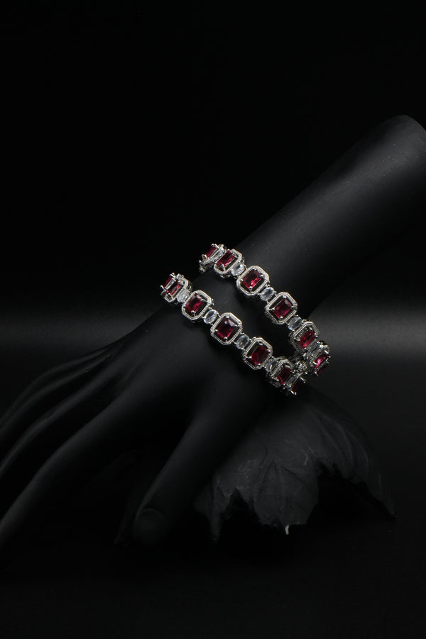 Royal Ruby Elegance – Silver Bangles with Red & White Stones - Victorian Jaipur