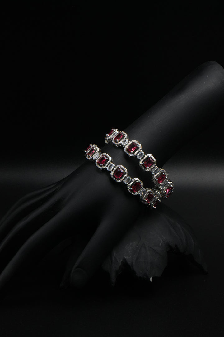 Royal Ruby Elegance – Silver Bangles with Red & White Stones - Victorian Jaipur