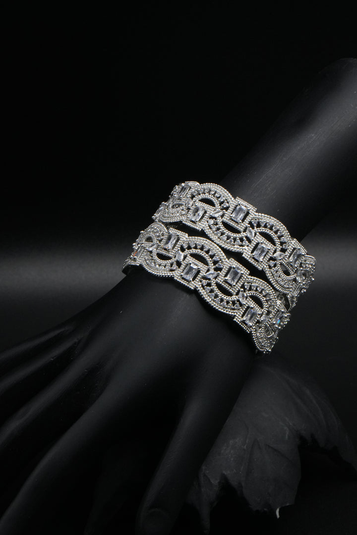 Elegant Silver Bangles with Sparkling White Stones - Victorian Jaipur