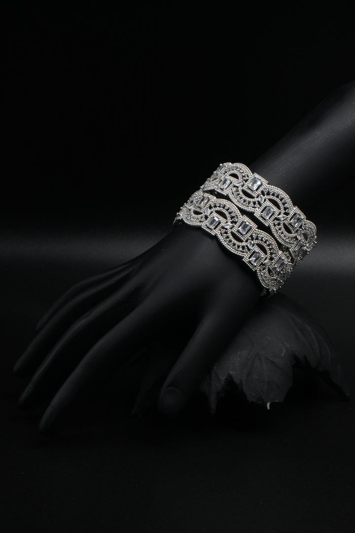 Elegant Silver Bangles with Sparkling White Stones - Victorian Jaipur