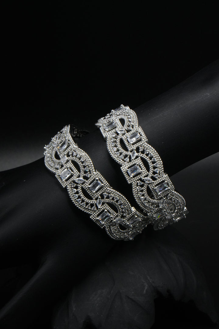Elegant Silver Bangles with Sparkling White Stones - Victorian Jaipur