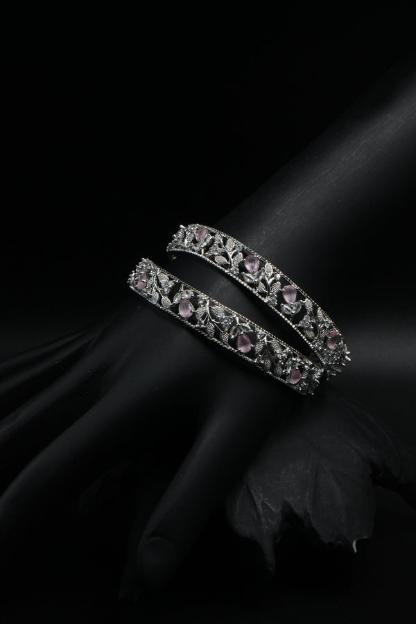 Silver Floral Bangles with Pink Stone Detailing - Victorian Jaipur