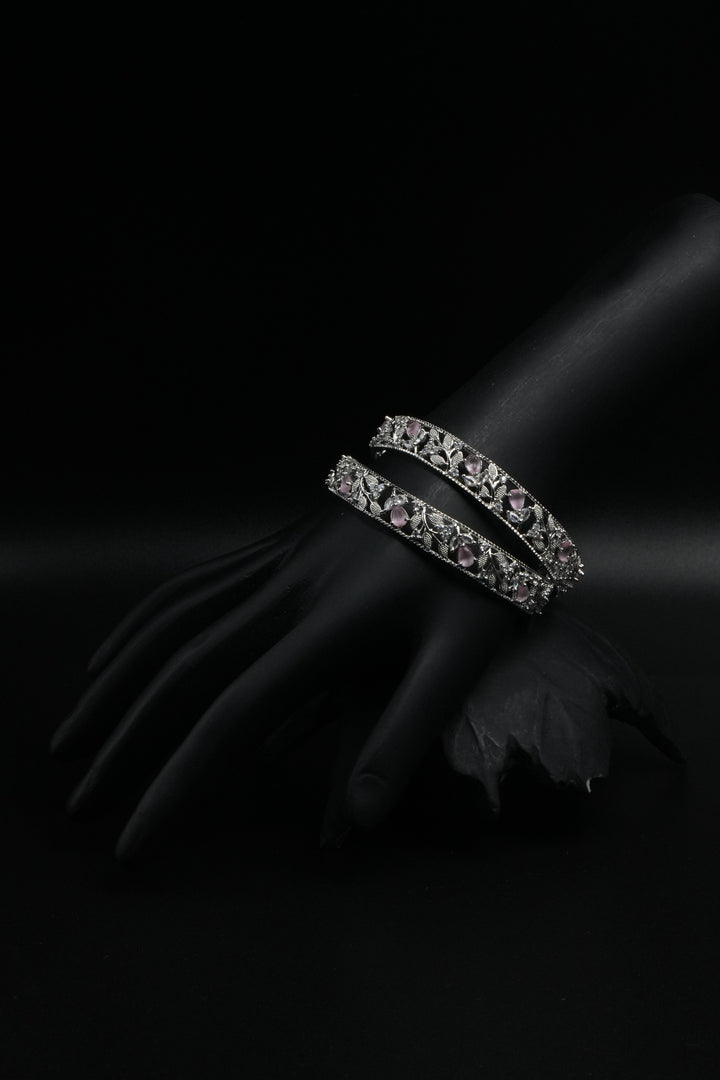 Silver Floral Bangles with Pink Stone Detailing - Victorian Jaipur