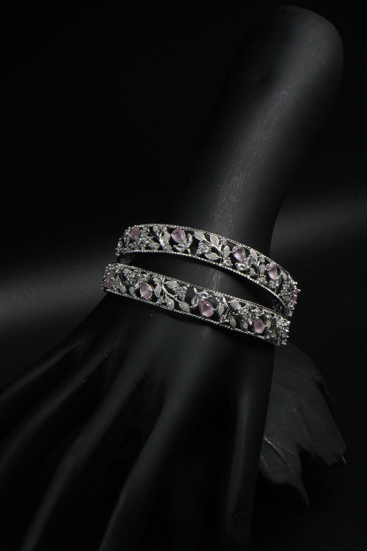 Silver Floral Bangles with Pink Stone Detailing - Victorian Jaipur