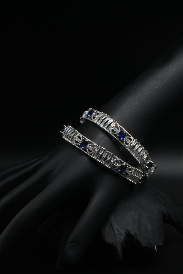 Royal Blue Stone Silver Bangles with Intricate Design - Victorian Jaipur