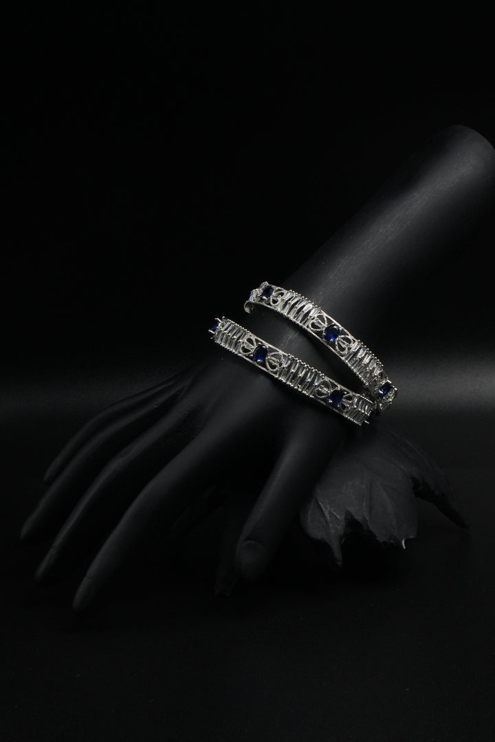 Royal Blue Stone Silver Bangles with Intricate Design - Victorian Jaipur