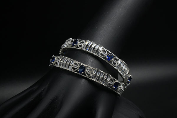 Royal Blue Stone Silver Bangles with Intricate Design - Victorian Jaipur