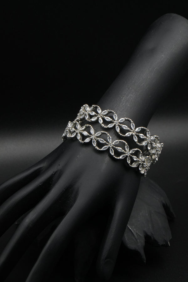 Crystal-Studded Silver Bangles in Floral Pattern - Victorian Jaipur