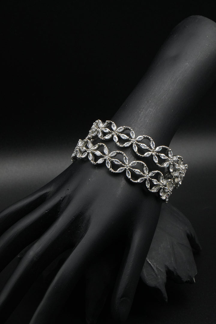 Crystal-Studded Silver Bangles in Floral Pattern - Victorian Jaipur