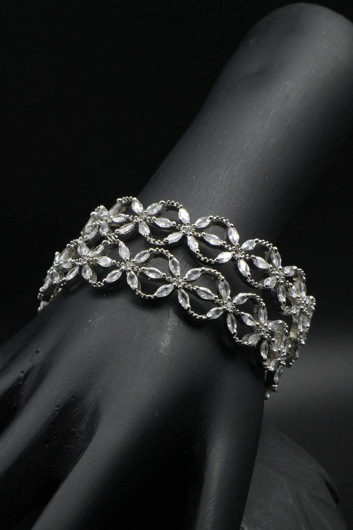 Crystal-Studded Silver Bangles in Floral Pattern - Victorian Jaipur