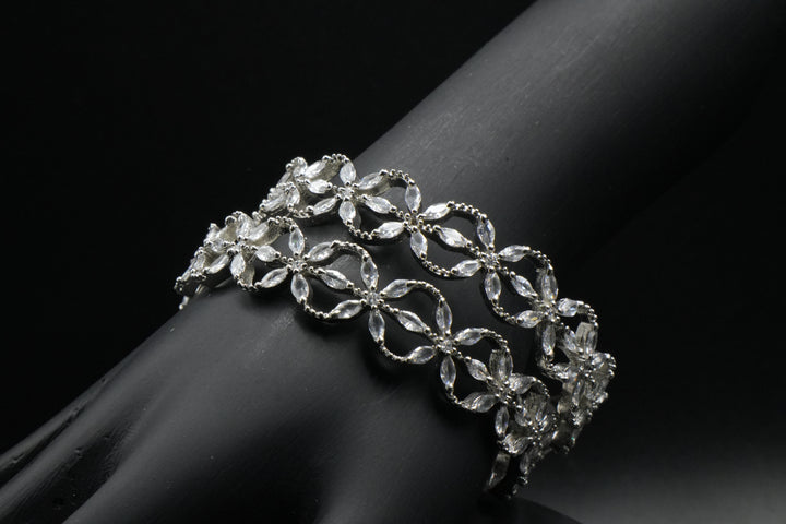 Crystal-Studded Silver Bangles in Floral Pattern - Victorian Jaipur