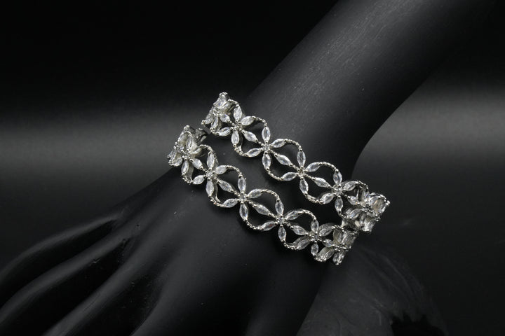 Crystal-Studded Silver Bangles in Floral Pattern - Victorian Jaipur