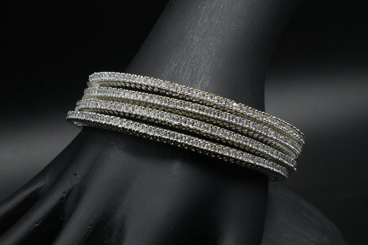 Classic Multi-Layer Silver Bangles with Sparkling Stones - Victorian Jaipur