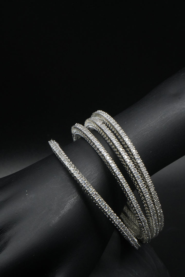 Classic Multi-Layer Silver Bangles with Sparkling Stones - Victorian Jaipur