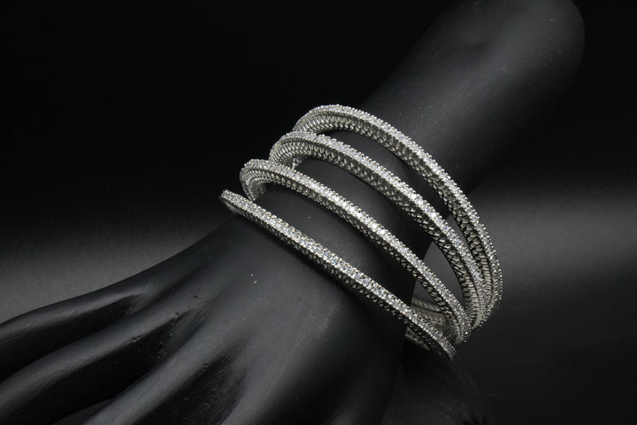 Classic Multi-Layer Silver Bangles with Sparkling Stones - Victorian Jaipur