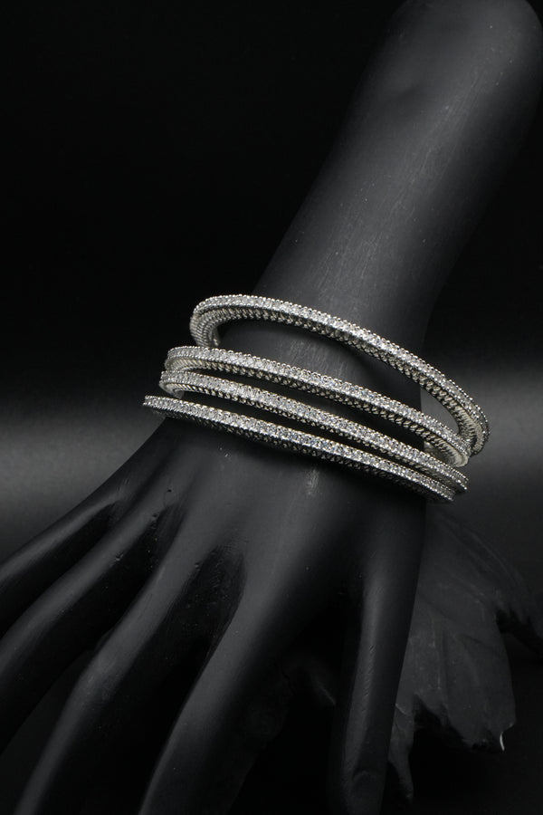 Classic Multi-Layer Silver Bangles with Sparkling Stones - Victorian Jaipur