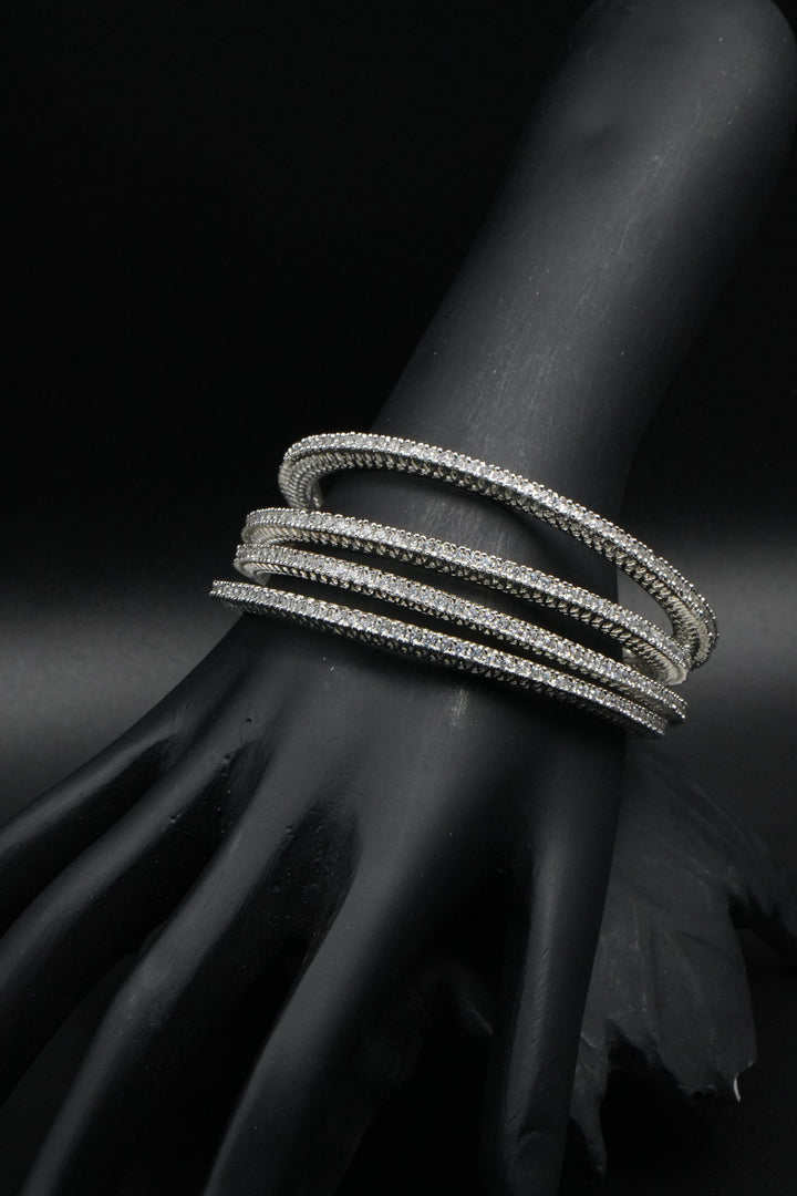 Classic Multi-Layer Silver Bangles with Sparkling Stones - Victorian Jaipur