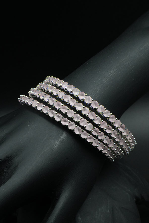 Blush Pink Stone Silver Bangles with Modern Elegance - Victorian Jaipur