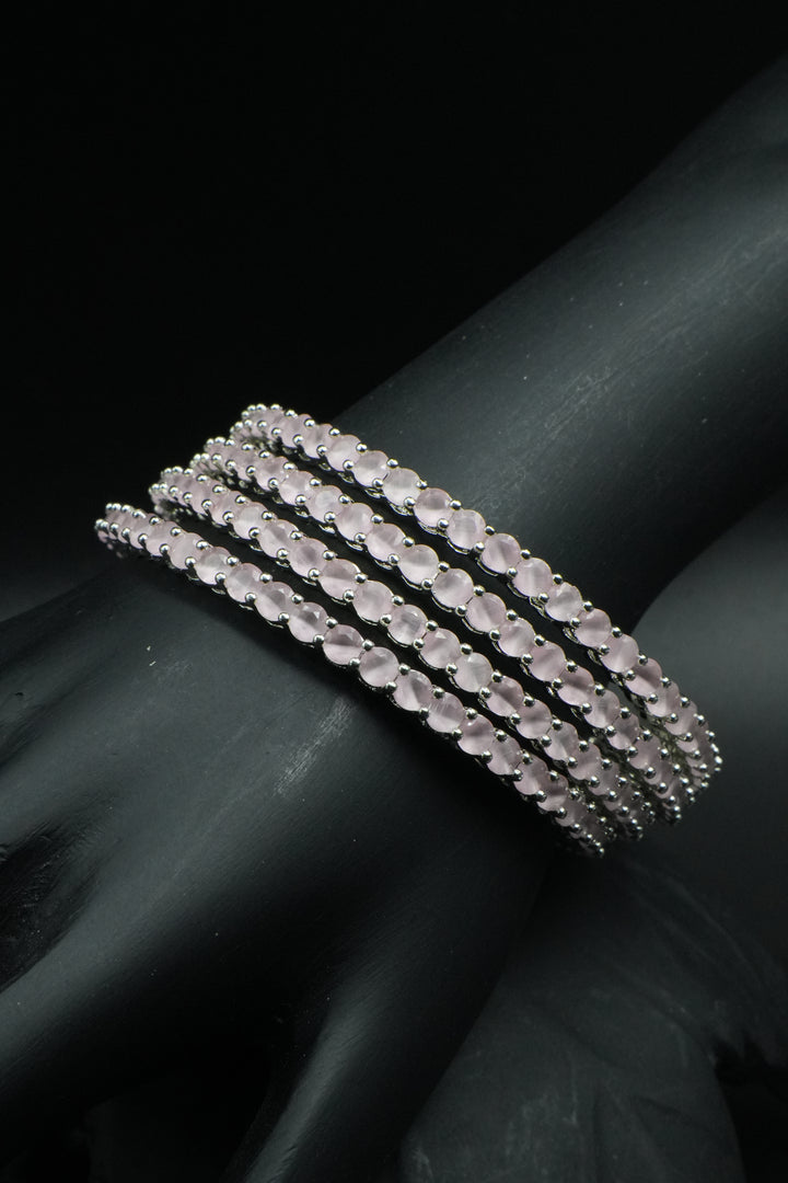 Blush Pink Stone Silver Bangles with Modern Elegance - Victorian Jaipur