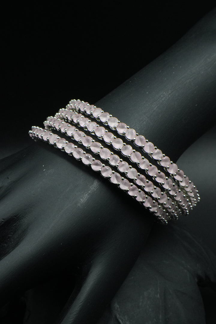 Blush Pink Stone Silver Bangles with Modern Elegance - Victorian Jaipur