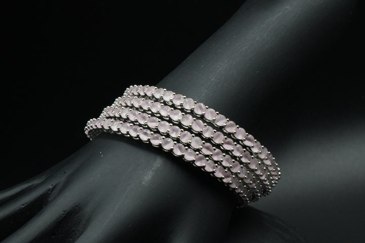Blush Pink Stone Silver Bangles with Modern Elegance - Victorian Jaipur