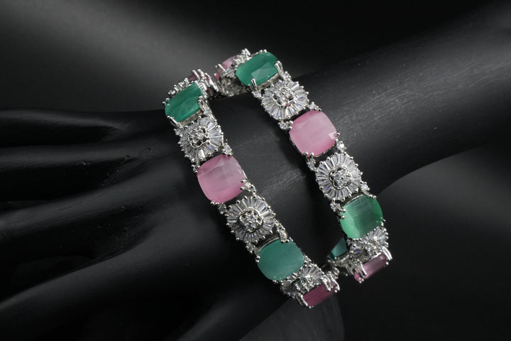 Dual-Tone Pink & Green Gemstone Bangles - Victorian Jaipur