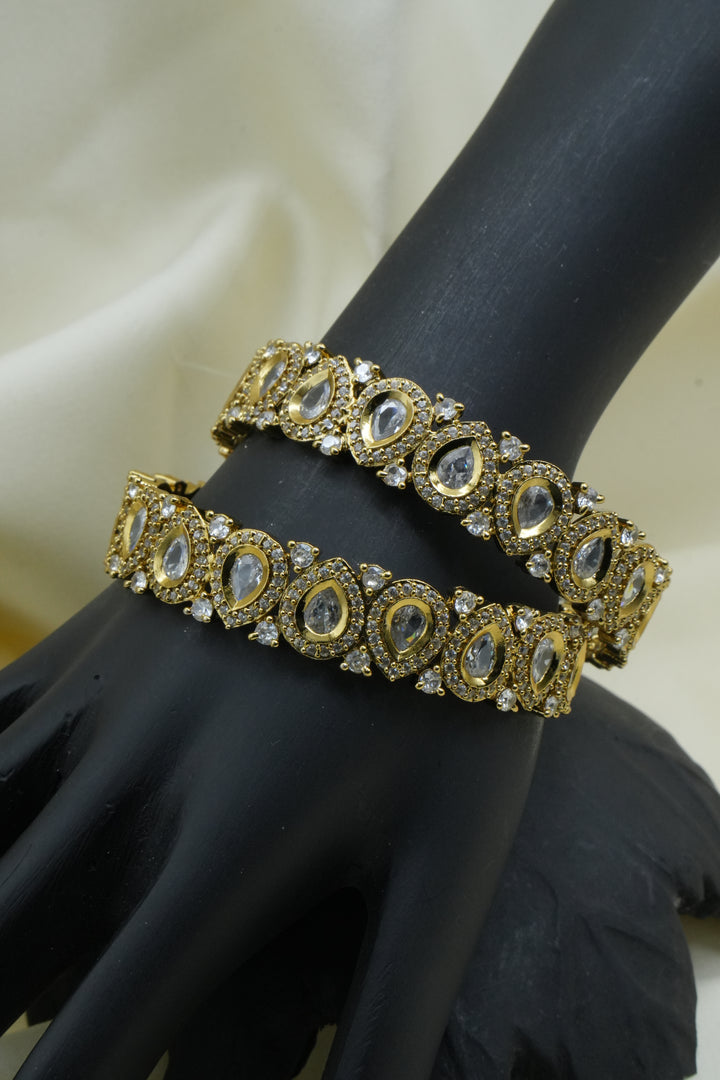 Gold-Plated Polki-Style Bangles with Teardrop Stones - Victorian Jaipur