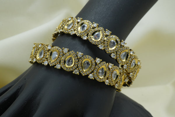 Gold-Plated Polki-Style Bangles with Teardrop Stones - Victorian Jaipur