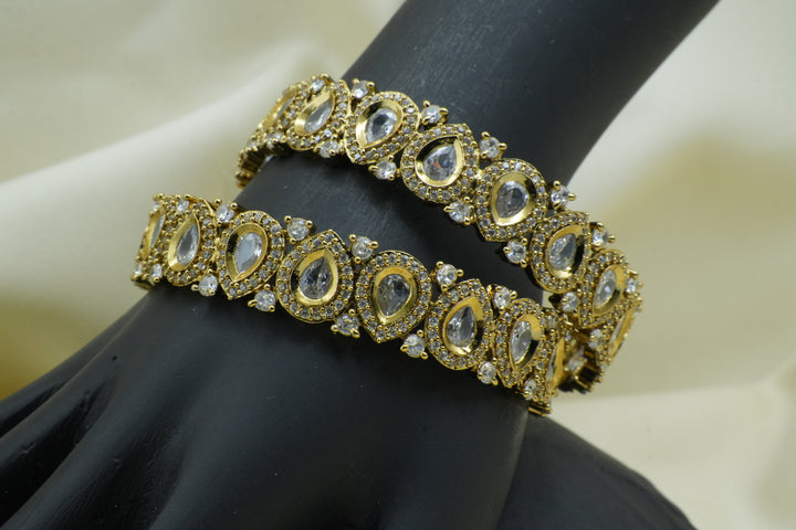 Gold-Plated Polki-Style Bangles with Teardrop Stones - Victorian Jaipur