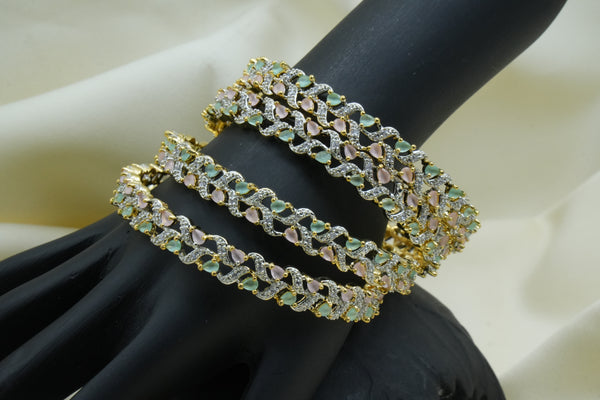 Pastel Green & Pink Stone Bangles with Diamond Accents - Victorian Jaipur