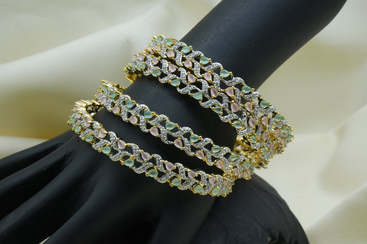Pastel Green & Pink Stone Bangles with Diamond Accents - Victorian Jaipur
