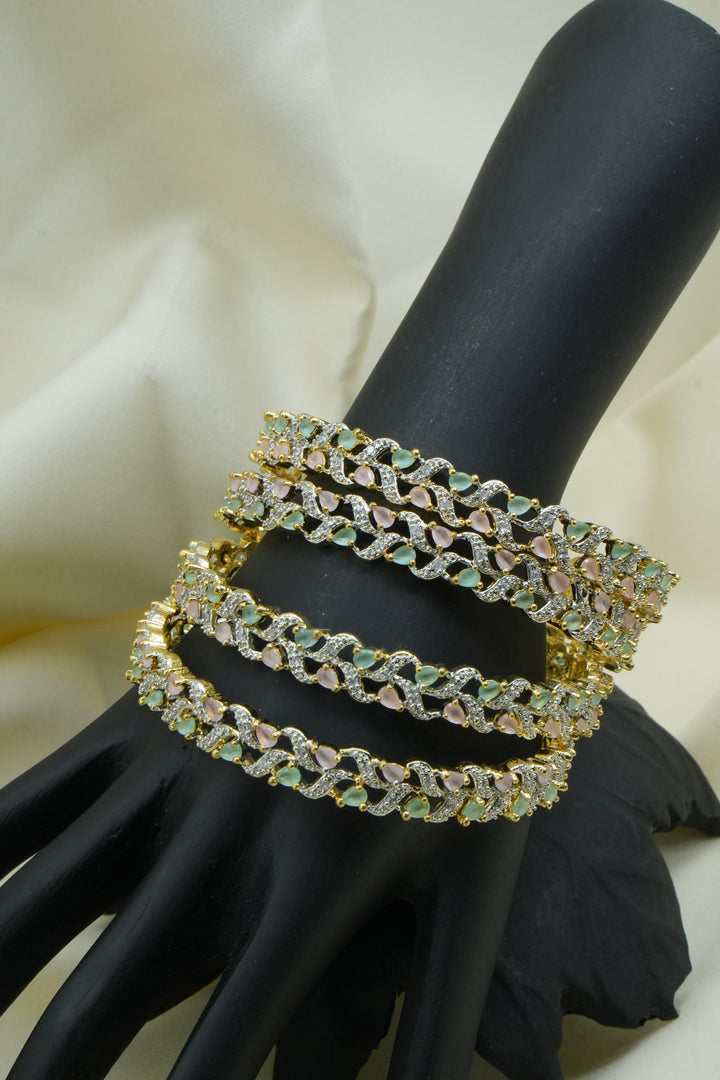 Pastel Green & Pink Stone Bangles with Diamond Accents - Victorian Jaipur