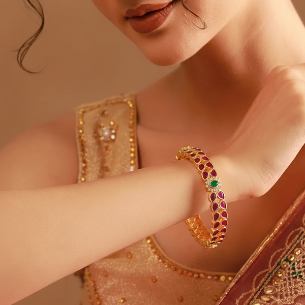 Royal Gold-Plated Bangles Adorned with Pink and Green Gems - Victorian Jaipur