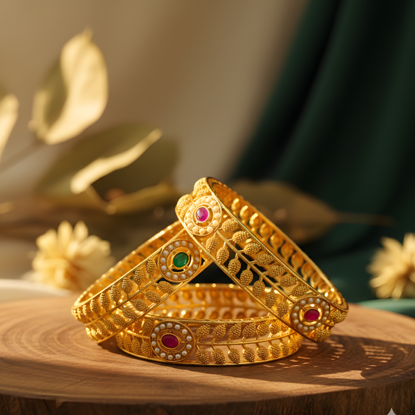 Traditional Designer Gold-Plated Bangles with Emerald & Pearl Accents for an Elegant Style