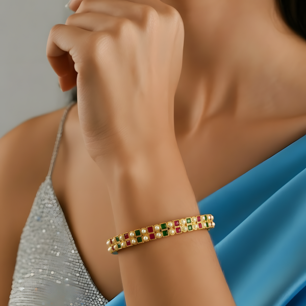 Stylish Gold Plated Bangle with Gemstones in Pink & Green