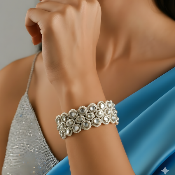 Handcrafted Floral Bangles with White Stone and Beaded Accents for Elegant Style Silver Plated